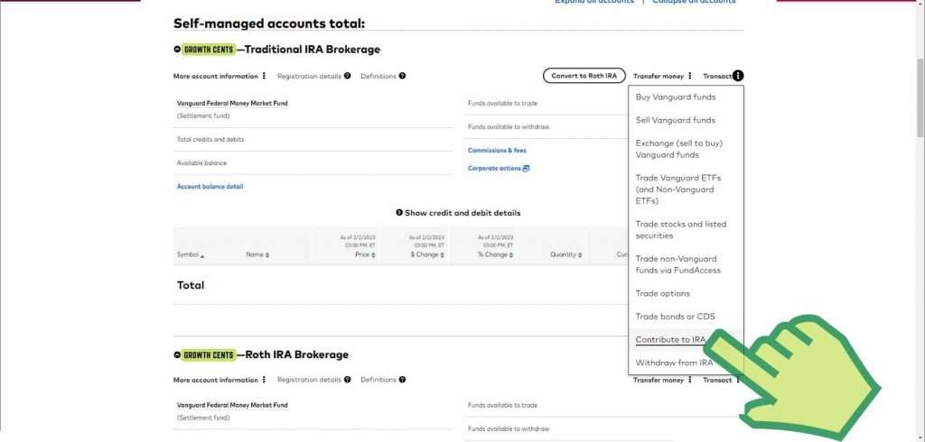 Step 10 Click on Contribute to IRA at the bottom of the drop down - growthcents.com