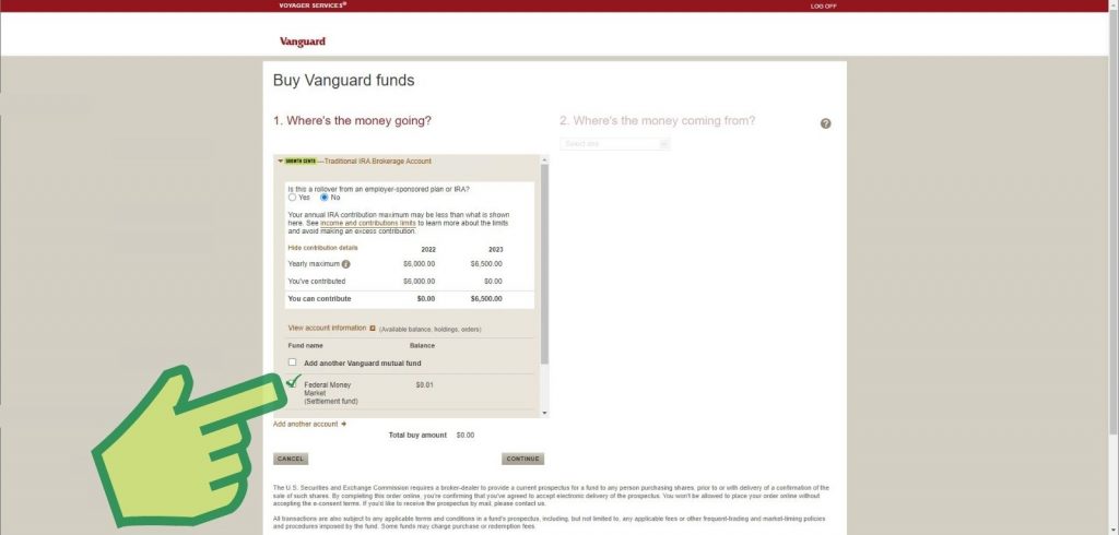 Step 11 Check the box next to Federal Money Market (Settlement fund) and hit Continue - growthcents.com