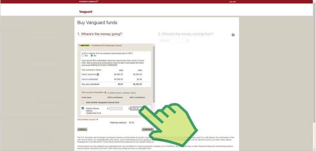 Step 12 Enter 6500.00 into the text box underneath the Fund name 2023 contribution and hit Continue - growthcents.com