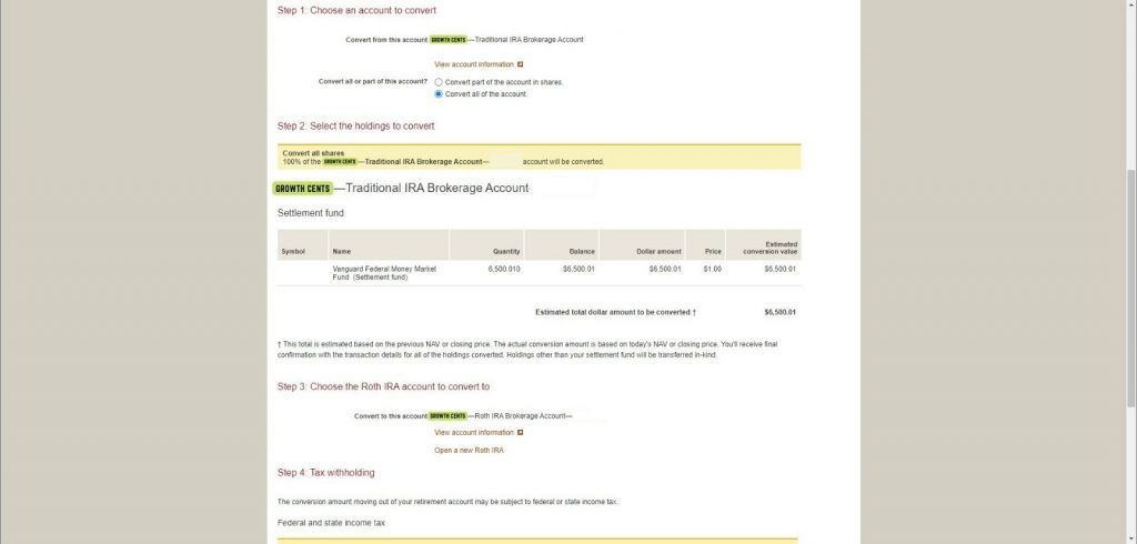 Step 19 Under Steps 2 and 3 pick the holdings to convert and choose the Roth IRA account to convert it to - growthcents.com
